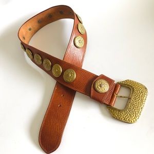 Linea Pelle Cognac Wide Leather Belt With Brass Conchos